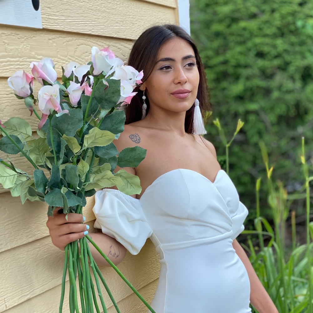 ‼️ Elegant White Puff Sleeve Fitted Classy Dress - Picture 4 of 8